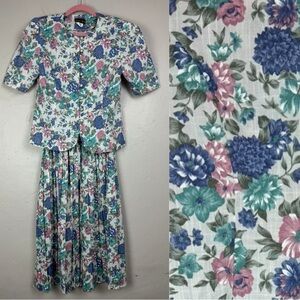Vtg Stuart Alan 2pc Top & Skirt teal purple pink floral Sz 10 church modest boho
